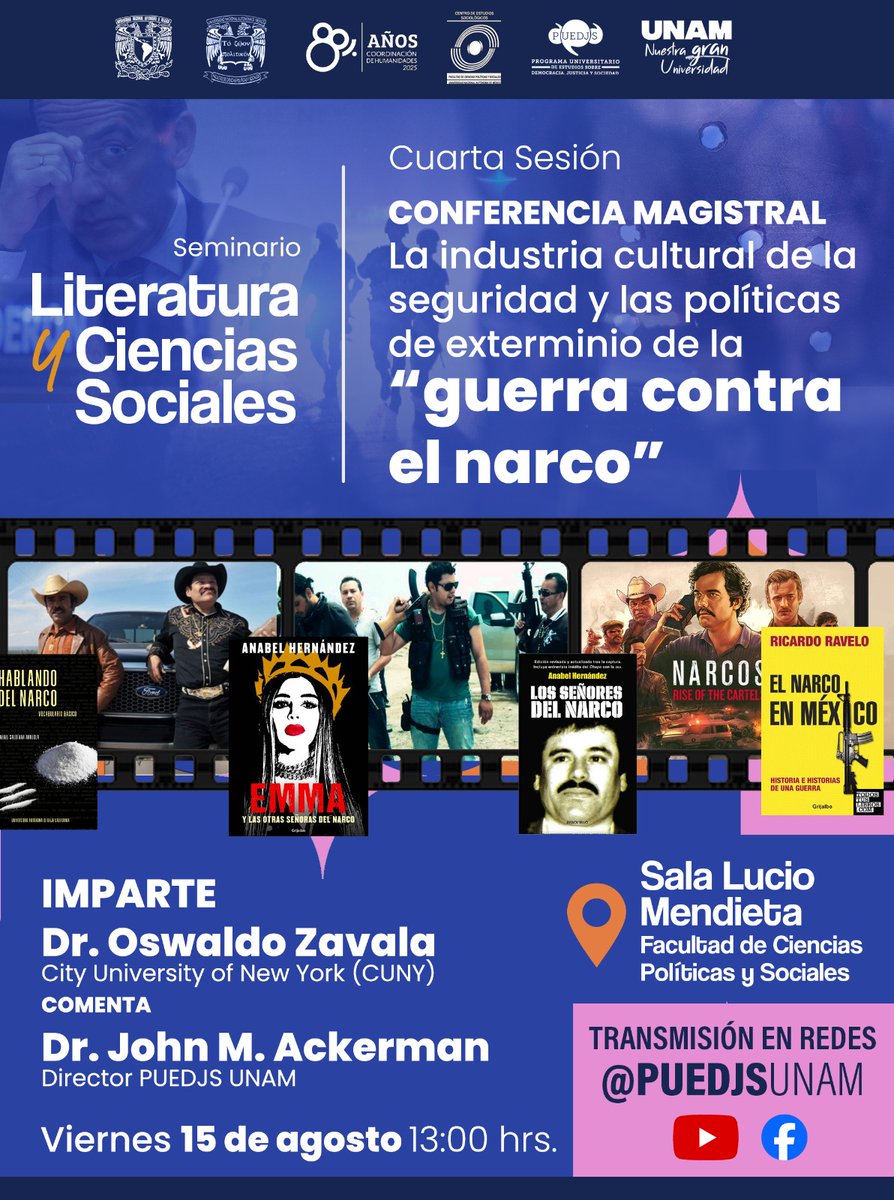 PUEDJS UNAM (@puedjsunam) on Twitter photo ¿Y si la “guerra contra el narco” no fuera solo con armas, sino también con palabras, discursos y medios?😰
No te pierdas la cuarta sesión del Seminario Literatura y Ciencias Sociales, con la conferencia magistral del destacado Dr. Oswaldo Zavala (<a href="/oswaldo__zavala/">Oswaldo Zavala</a>), quien nos ¿Y si la “guerra contra el narco” no fuera solo con armas, sino también con palabras, discursos y medios?😰
No te pierdas la cuarta sesión del Seminario Literatura y Ciencias Sociales, con la conferencia magistral del destacado Dr. Oswaldo Zavala (<a href="/oswaldo__zavala/">Oswaldo Zavala</a>), quien nos