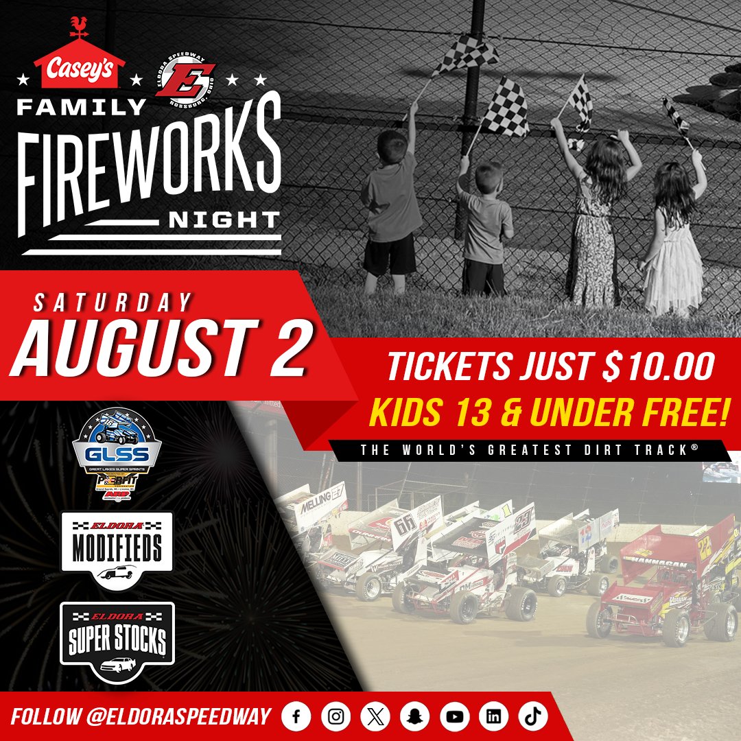 Family Fireworks Night presented by <a href="/caseysgenstore/">Casey's</a> returns this Saturday, August 2! Witness Super Stocks, Modifieds, and Sprint Cars tackle the high banks of Eldora! The fun begins at 4:30pm.

We'll end the night with the region's best FIREWORKS show! *Fireworks will be shot off