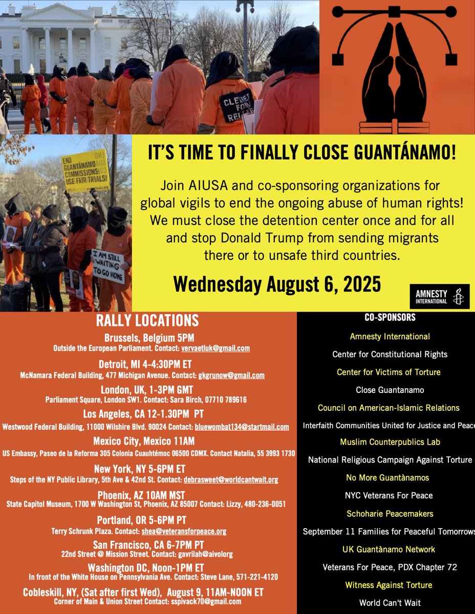 Next Weds (Aug 6): the next monthly global vigils for #Guantanamo's closure, remembering the 15 men still held in the "war on terror" prison &amp; the 72 migrants held as part of Trump's "war on migrants." Join us! closeguantanamo.org/Articles/461-8…