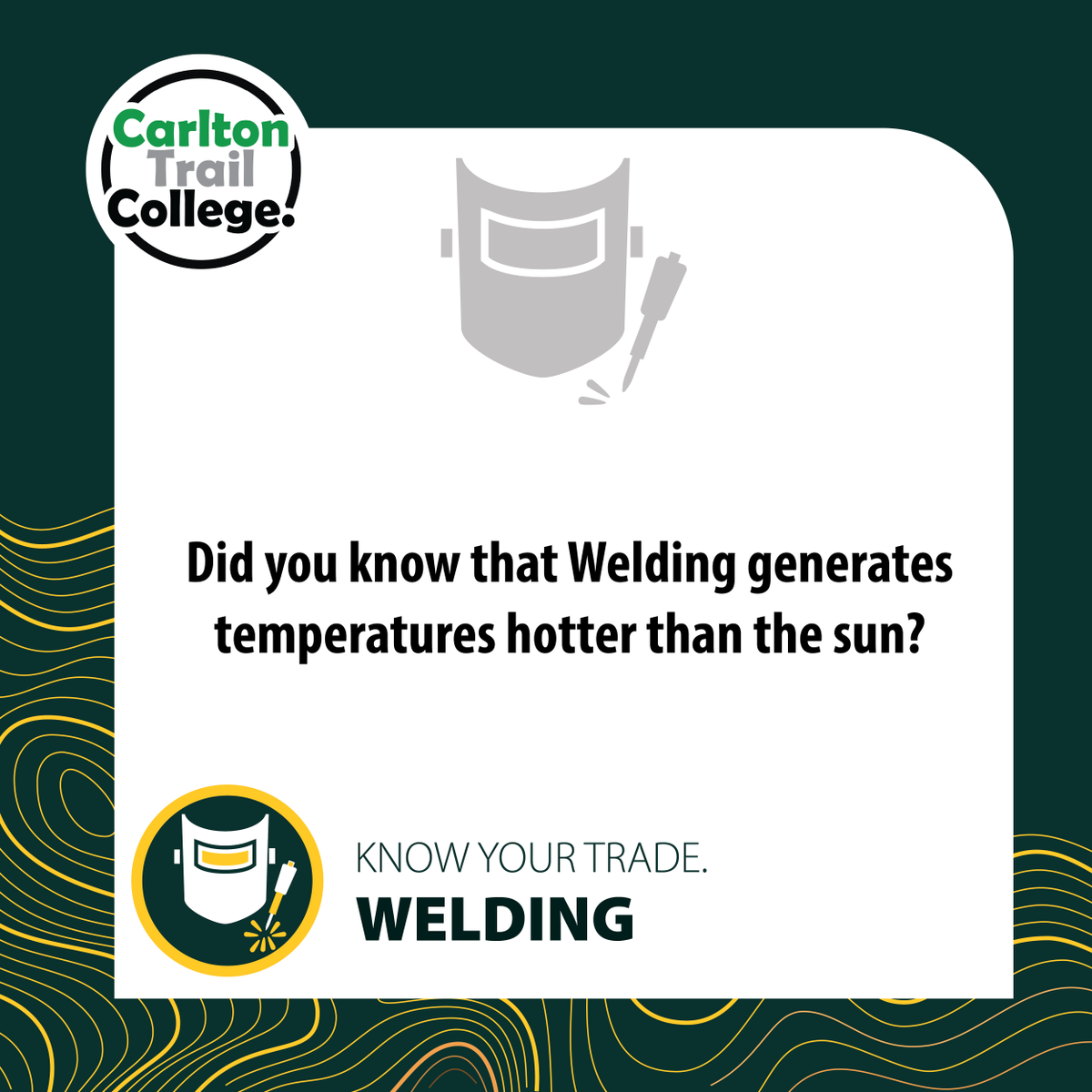 You know what's really hot? Welding.
An arc weld can reach up to 6,500°C which is about 1000°C hotter than the surface of the sun! 🔥
Melt some metal this fall. 
Apply now: carltontrailcollege.com/program-course…

#welding #training #metalworking #trades #college #CTC #Saskatchewan #Humboldt