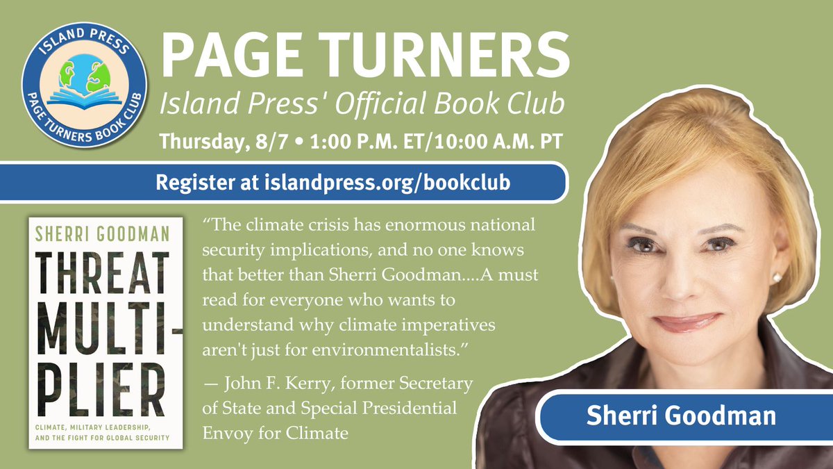 What happens when climate change meets global security? 

Find out next month at our free book club conversation with Sherri Goodman, author of THREAT MULTIPLIER.

🎤 Moderated by NYT's Lisa Friedman 
💬 Live Q&amp;A + exclusive LinkedIn group

give.islandpress.org/ThreatMultipli… 
#BookClub
