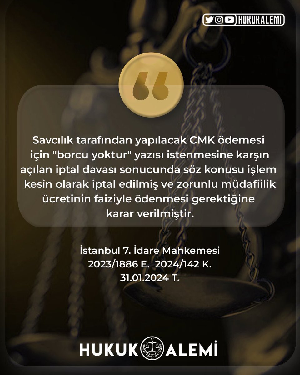 Bu karar hakkında ne düşünüyorsunuz?

Savcılık tarafından yapılacak CMK ödemesi için "borcu yoktur" yazısı istenmesine karşın açılan iptal davası sonucunda söz konusu işlem kesin olarak iptal edilmiş ve zorunlu müdafiilik ücretinin faiziyle ödenmesi gerektiğine karar verilmiştir.