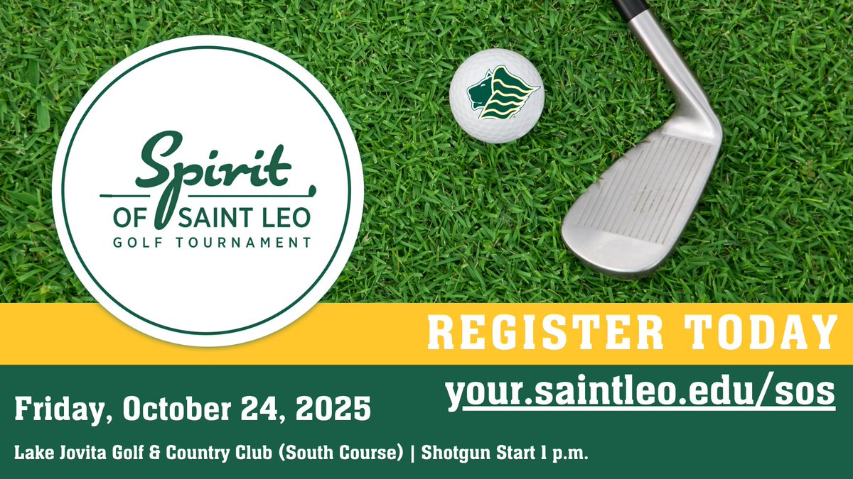 Join us for the 24th annual Spirit of Saint Leo Golf Tournament on Friday, October 24th, at Lake Jovita Golf &amp; Country Club.

Registration for the event is now open:
your.saintleo.edu/sos

Sponsorship opportunities are available! 

#GOLIONS 🦁 | #SAINTLEO1PRIDE 🦁