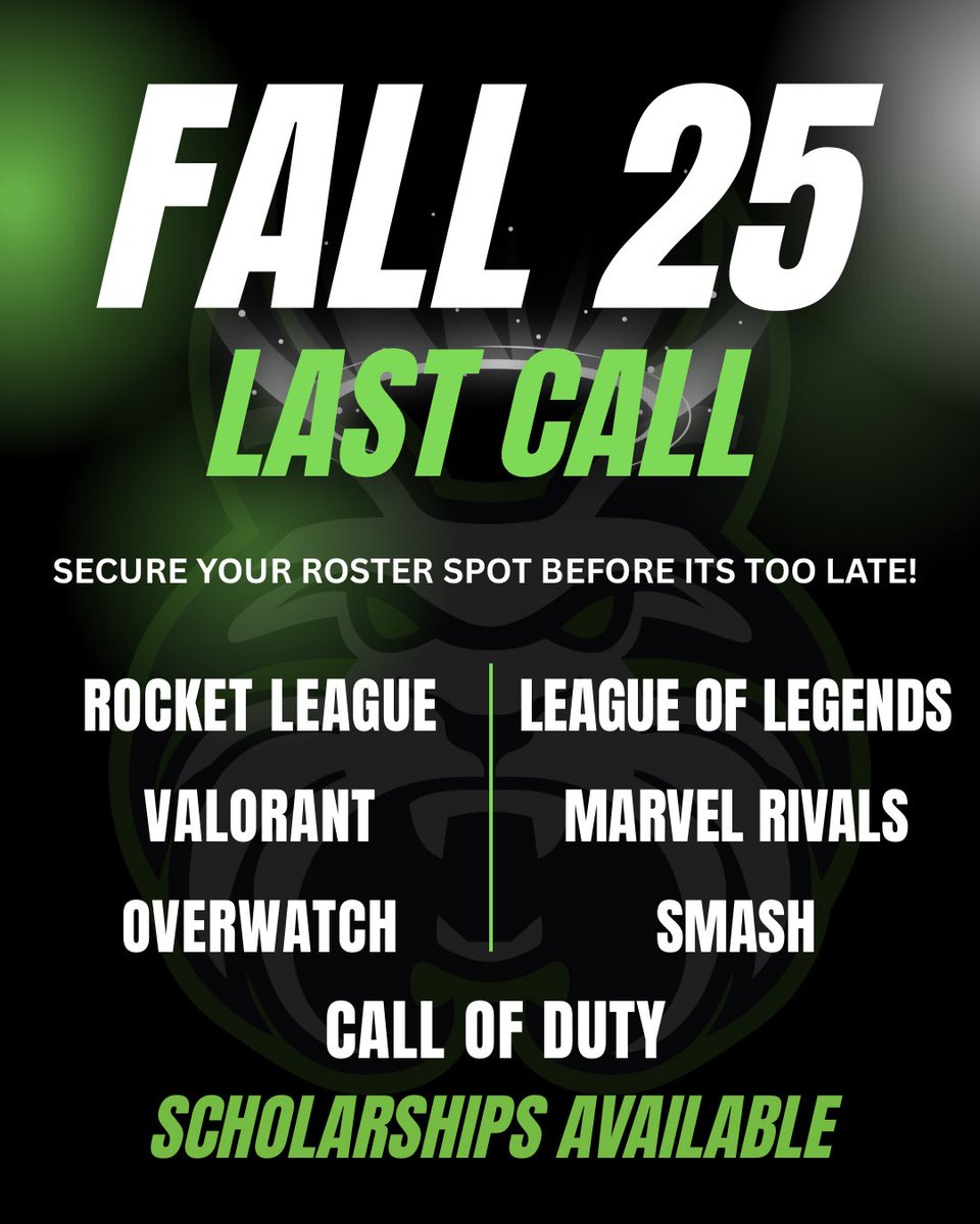 Ibo Rivera (@iborivera1) on Twitter photo LAST CALL FOR FALL 25 🚨
<a href="/Lesley_Esports/">Lesley Esports</a> IS RECRUITING FOR
⚽️ Rocket League- SSL
💣 Valorant- Ascendant +
🦸♂️ Marvel Rivals- Grand Master +
🐉 League of Legends- Gold
⛑️ Overwatch- Masters+
🪖 Call of Duty- All Ranks
🥊 Smash- Any Skill Level
Esports Scholarships Available
DM LAST CALL FOR FALL 25 🚨
<a href="/Lesley_Esports/">Lesley Esports</a> IS RECRUITING FOR
⚽️ Rocket League- SSL
💣 Valorant- Ascendant +
🦸♂️ Marvel Rivals- Grand Master +
🐉 League of Legends- Gold
⛑️ Overwatch- Masters+
🪖 Call of Duty- All Ranks
🥊 Smash- Any Skill Level
Esports Scholarships Available
DM
