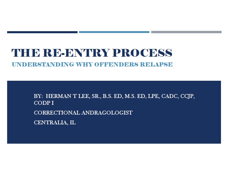 Offender Re-Entry Process by Herman T. Lee, Sr. ~ Correctional Andragogist:
Relapse and recidivism begin long before substance abusers are discharged from a treatment program or offenders are released from prison.
htleetraining.com/wp-content/upl…