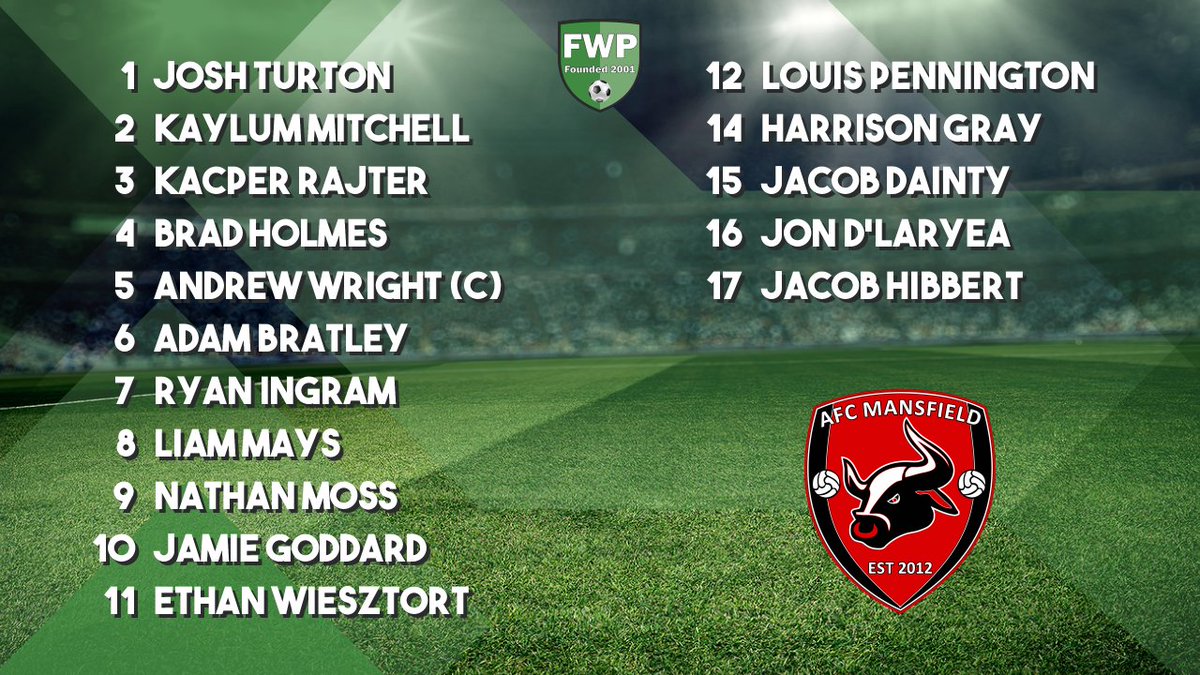 AFC MANSFIELD: Turton Mitchell Rajter Holmes Wright (C) Bratley Ingram Mays Moss Goddard Wiesztort; SUBS: Pennington Gray Dainty D'Laryea Hibbert fwp.co/CXkbau