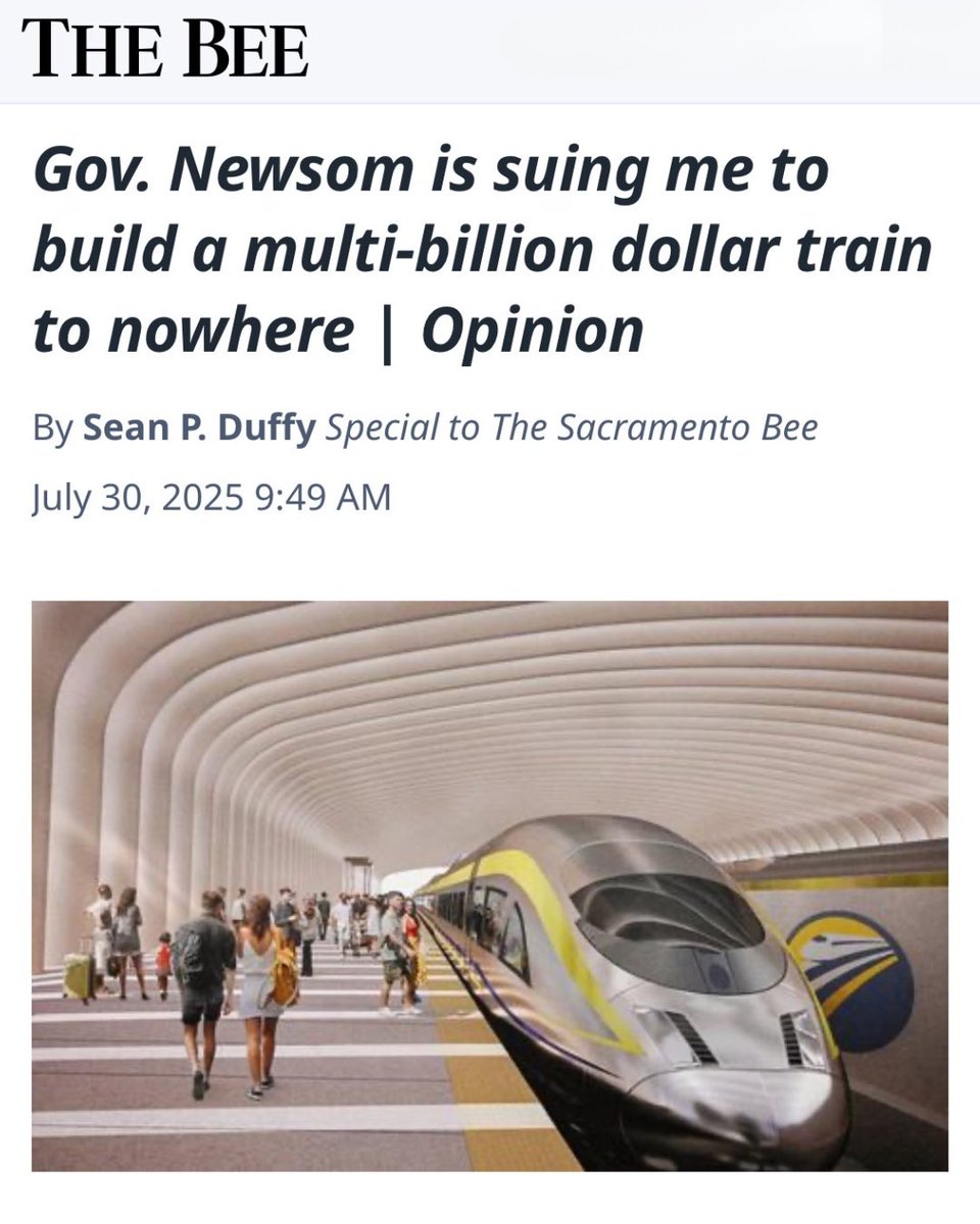 I pulled the plug on Gavin Newsom’s doomed high speed rail project 
because it is the pinnacle of bureaucratic mismanagement.

Check out these numbers ⬇️

- 16 years 
- $15 billion 
- ZERO high speed tracks

I’m not opposed to high-speed rail. I’m opposed to trains to NOWHERE and