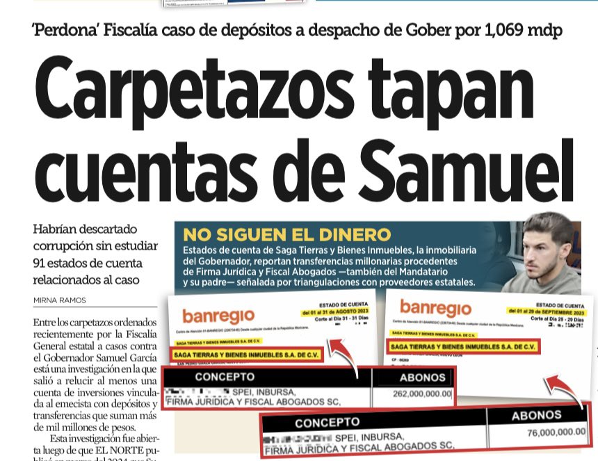 Angel Charles (@angelcharlsmty) on Twitter photo Entre los carpetazos dados por la <a href="/FiscaliaNL/">Fiscalía Nuevo León</a> en los casos de corrupción, están las triangulaciones en una cuenta de inversiones vinculada al Gobernador <a href="/samuel_garcias/">Samuel García</a> que suman transferencias por más de mil millones de pesos. Todo en su gestión estatal.
elnorte.com/ZCJF7n Entre los carpetazos dados por la <a href="/FiscaliaNL/">Fiscalía Nuevo León</a> en los casos de corrupción, están las triangulaciones en una cuenta de inversiones vinculada al Gobernador <a href="/samuel_garcias/">Samuel García</a> que suman transferencias por más de mil millones de pesos. Todo en su gestión estatal.
elnorte.com/ZCJF7n