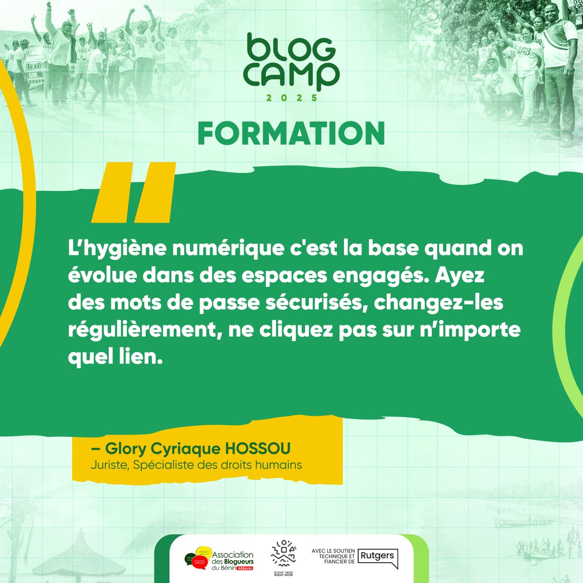 Blogueurs du Bénin (@ab_benin) on Twitter photo «L'hygiène numérique c'est la base quand on évolue dans des espaces engagés. Ayez des mots de passe sécurisés, changez-les régulièrement, ne cliquez pas sur n’importe quel lien.» <a href="/CyriaqueGlory/">Glory HOSSOU 🇧🇯🇹🇬🇸🇳🇨🇮🇲🇱 🇬🇳 🇺🇸</a>
#BlogCamp2025
#BlogueursduBenin «L'hygiène numérique c'est la base quand on évolue dans des espaces engagés. Ayez des mots de passe sécurisés, changez-les régulièrement, ne cliquez pas sur n’importe quel lien.» <a href="/CyriaqueGlory/">Glory HOSSOU 🇧🇯🇹🇬🇸🇳🇨🇮🇲🇱 🇬🇳 🇺🇸</a>
#BlogCamp2025
#BlogueursduBenin