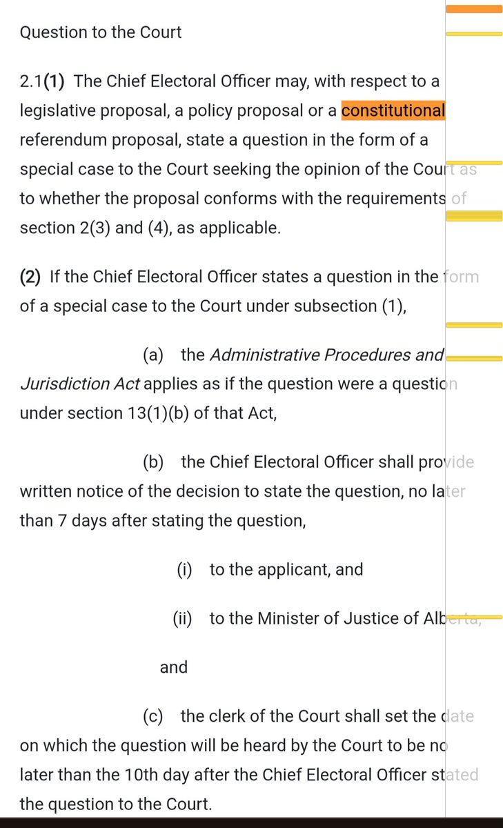 1) The current government can't direct Elections Alberta, this would be fundamentally anti-democratic

2) the Govt's own legislation recommends, particularly for constitutional referendums, seeking the Court's legal guidance to ensure - of passed - it is legal and consistent.