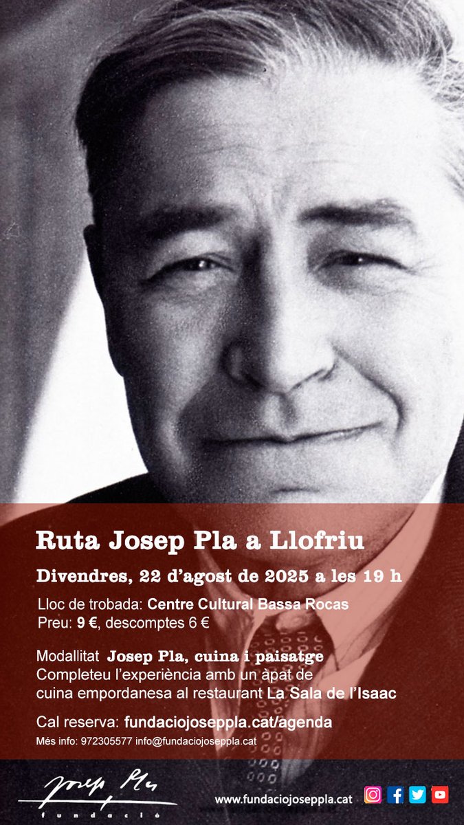 JOSEP PLA, CUINA I PAISATGE

08.08.25 Ruta Josep Pla a Calella
14.08.25 Ruta Josep Pla a Tamariu
22.08.25 Ruta Josep Pla a Llofriu
13.09.25 Ruta Josep Pla a Figueres

Treu i remeneu! 
fundaciojoseppla.cat/esdeveniments/…