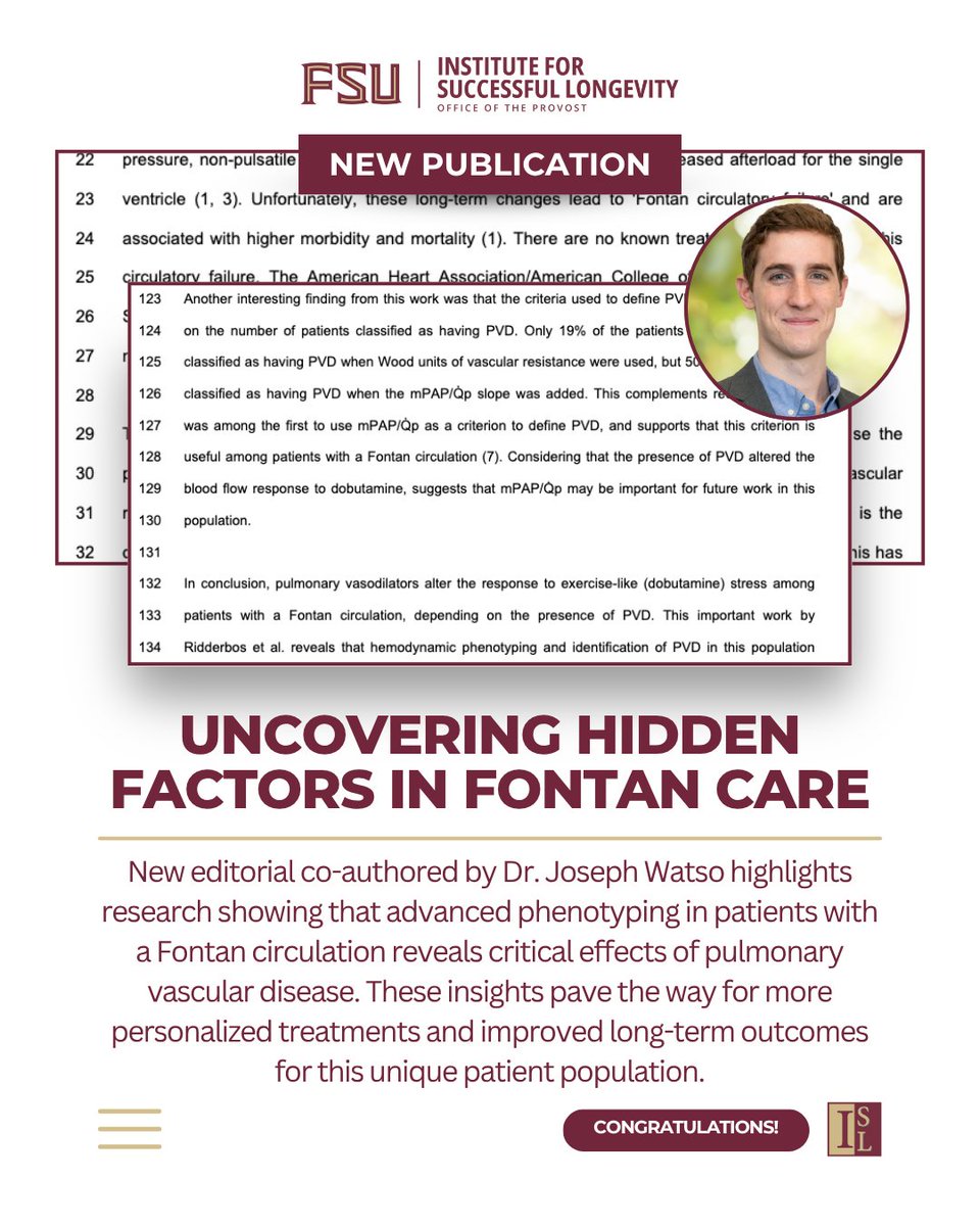 🚨 New publication alert!

Dr. Joseph Watso co-authored an editorial with Joe Vondrasek highlighting research on advanced phenotyping in patients with a Fontan circulation. 

Read more below:  
journals.physiology.org/doi/abs/10.115…

#CardiovascularHealth #ISLDigest #FSUResearch
