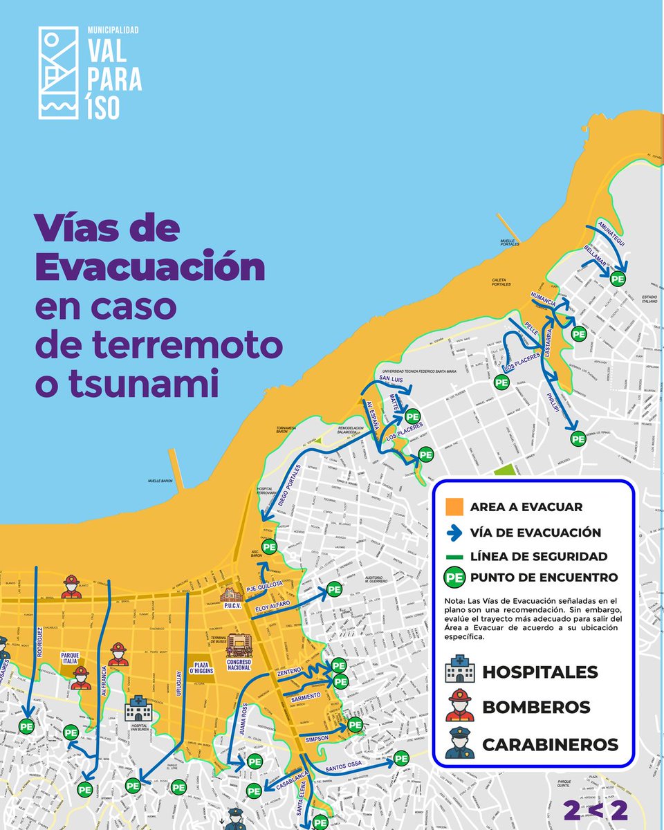 camilanietoh's tweet photo. 🚨 Atención Valparaíso
INSTRUCCIONES DE EVACUACIÓN 
Desde las 12:00 del mediodía comienza ⚠️
🟡 En zona amarilla, evacúa hacia los puntos verdes siguiendo las flechas azules
🚫 A partir de las 12:00 se suspende el transporte público
🧭 Usa las rutas oficiales y mantén la calma https://t.co/5Fl3PrzQOU