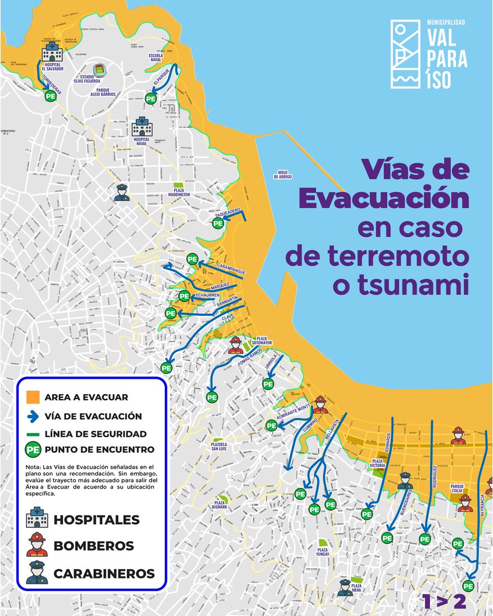 🚨 Atención Valparaíso
INSTRUCCIONES DE EVACUACIÓN 
Desde las 12:00 del mediodía comienza ⚠️
🟡 En zona amarilla, evacúa hacia los puntos verdes siguiendo las flechas azules
🚫 A partir de las 12:00 se suspende el transporte público
🧭 Usa las rutas oficiales y mantén la calma