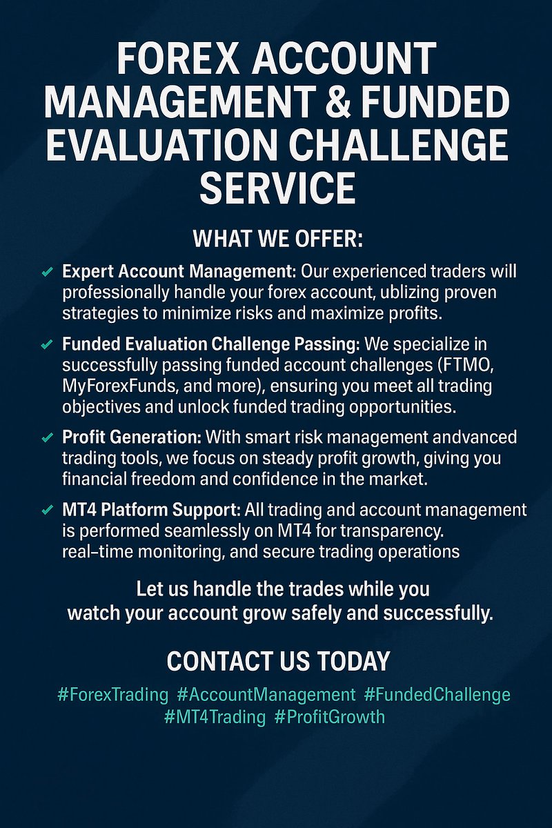 Sunnyke72419351's tweet image. Looking to maximize your forex trading potential without the stress of managing trades yourself? Our Forex Account Management Service is designed for traders and investors who want consistent profits.
#ForexTrading #AccountManagement #FundedChallenge #MT4Trading #ProfitGrowth