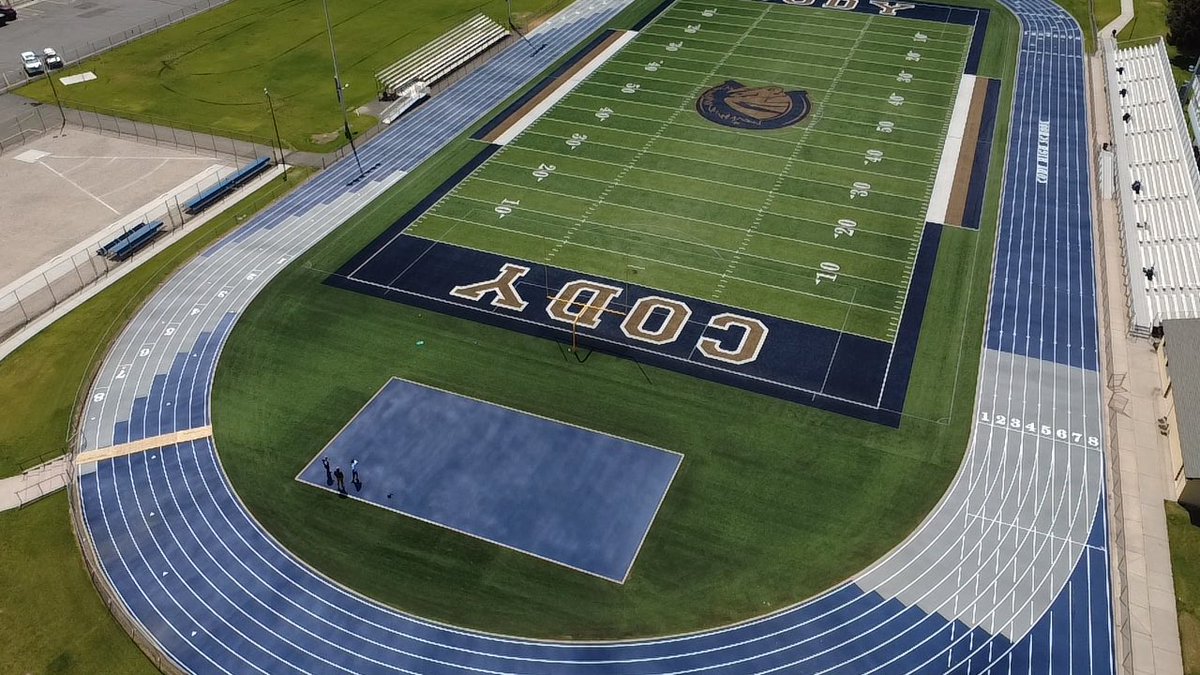 Jared Petrino (@coachpfieldturf) on Twitter photo Brand New Track up at <a href="/CodyHighSchool/">Cody High School</a> in WY! This is an awesome <a href="/BeynonSports/">Beynon Sports</a> Navy BSS 200 surface with Grey exchange zones. It really pops inside their <a href="/FieldTurf/">FieldTurf</a> field that was installed a couple years ago. Thanks again for trusting us with your facility! #IndustryLeader Brand New Track up at <a href="/CodyHighSchool/">Cody High School</a> in WY! This is an awesome <a href="/BeynonSports/">Beynon Sports</a> Navy BSS 200 surface with Grey exchange zones. It really pops inside their <a href="/FieldTurf/">FieldTurf</a> field that was installed a couple years ago. Thanks again for trusting us with your facility! #IndustryLeader