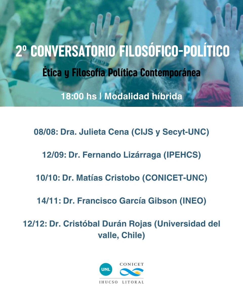 2° Conversatorio Filosófico-político 

📆 A partir del viernes 8 de agosto
⏰ 18 hs
📌 Sala de Reuniones IHuCSo Litoral (3er piso, ISM, Ciudad Universitaria)
💻 También de forma virtual

Más info 👇

ihucso.conicet.gov.ar/2-conversatori…