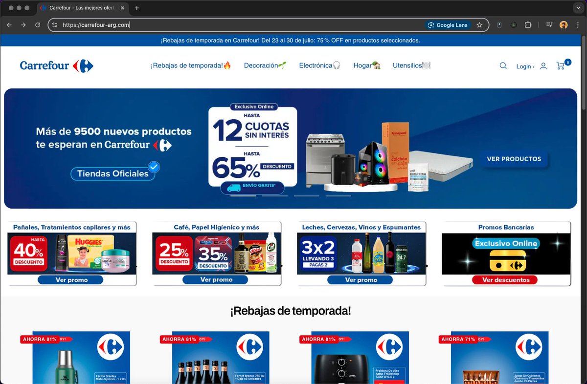 GermanAlexis's tweet photo. OJO con esta web FALSA de "Carrefour", el sitio oficial del super es https://t.co/bm3XpDVVLF, la que adjunto es una copia trucha y su dominio es https://t.co/HqD0ml00yD
La promocionan desde una fanpage que se llama Semana de Ofertas. Los precios de lo que publican son irrisorios. https://t.co/pRrOZ3IMQT
