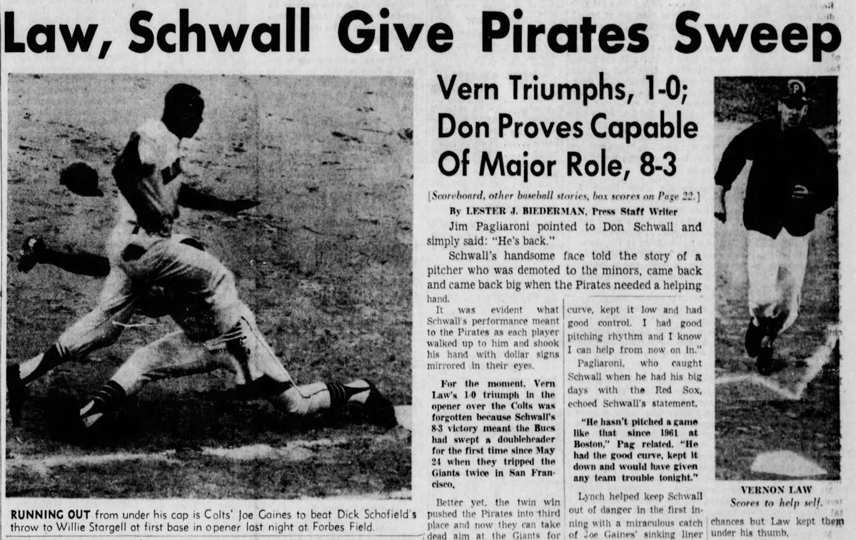 Jimmy T (@jimmytrdinich) on Twitter photo On this date in 1964, the <a href="/Pirates/">Pittsburgh Pirates</a> swept a doubleheader from the Colt .45s at Forbes Field. Vern Law tossed a 5-hit shutout in game 1 with Bill Virdon accounting for the lone RBI in a 1-0 win. The Bucs scored 7 runs on 7 hits in the 6th inning of game 2 to win an 8-3 decision. On this date in 1964, the <a href="/Pirates/">Pittsburgh Pirates</a> swept a doubleheader from the Colt .45s at Forbes Field. Vern Law tossed a 5-hit shutout in game 1 with Bill Virdon accounting for the lone RBI in a 1-0 win. The Bucs scored 7 runs on 7 hits in the 6th inning of game 2 to win an 8-3 decision.