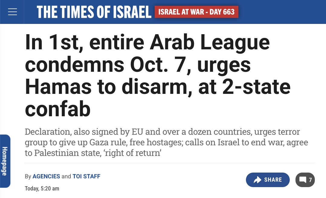 UNPRECEDENTED: Arab and Muslim countries, including Saudi Arabia, Qatar, Egypt, Jordan, and Turkey, signed a declaration condemning, for the first time, Hamas’s terrorist attack on October 7th, and calling on Hamas to release all hostages, disarm, and end its rule over Gaza.