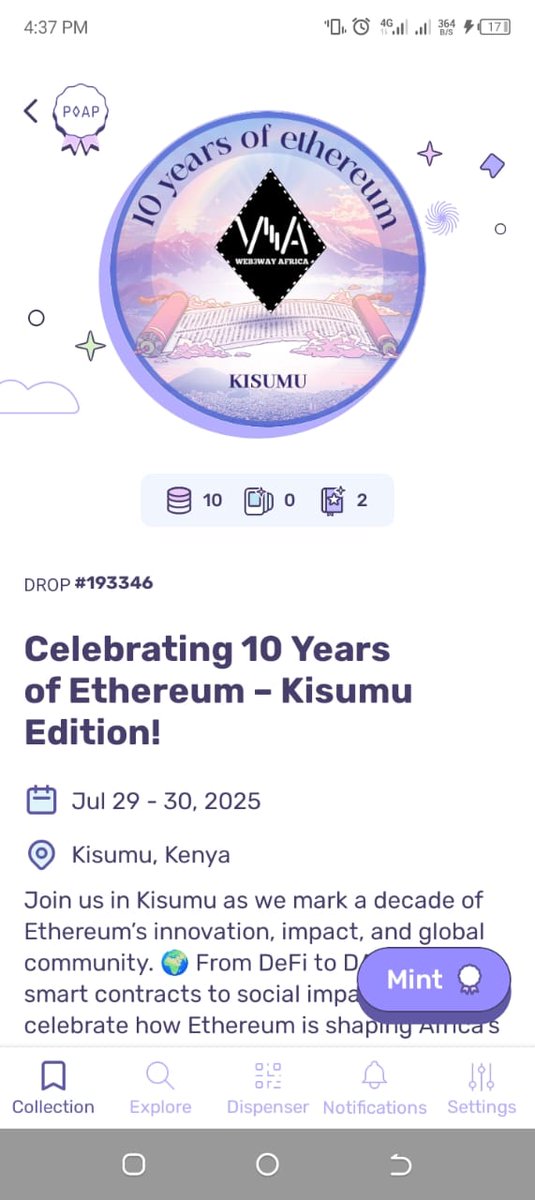 🚀 Celebrating 10 Years of #Ethereum in Kisumu! From DAOs to DeFi, diving into how Web3 is shaping Africa’s future. 🌍💡 
#ETH10 #web3WayAfrica #poap #BlockchainAfrica