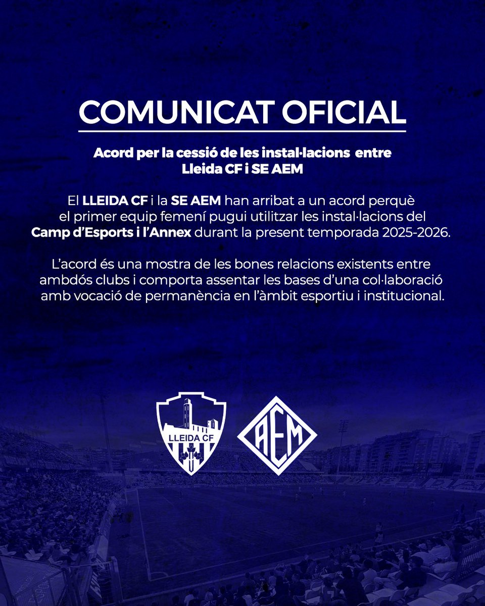 Lleida CF (@lleidacf) on Twitter photo 🤝🏻 Acord perquè el primer equip femení de <a href="/SEAEM_1925/">Secció Esportiva AEM</a> pugui utilitzar les instal·lacions del Camp d’Esports i l’Annex durant la present temporada 2025-2026.
Molta sort aquesta temporada, noies! 💙
#LleidaCF #SEAEM #SomiSerem 🤝🏻 Acord perquè el primer equip femení de <a href="/SEAEM_1925/">Secció Esportiva AEM</a> pugui utilitzar les instal·lacions del Camp d’Esports i l’Annex durant la present temporada 2025-2026.
Molta sort aquesta temporada, noies! 💙
#LleidaCF #SEAEM #SomiSerem