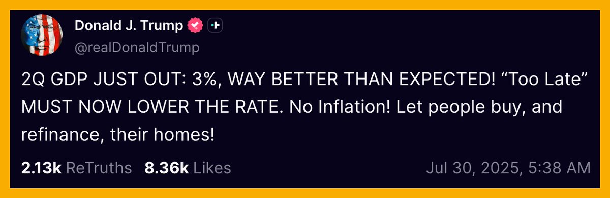 ThuanCapital's tweet photo. TỔNG THỐNG TRUMP: GDP QUÝ 2 VỪA CÔNG BỐ: 3%, CAO HƠN DỰ KIẾN RẤT NHIỀU! “NGÀI QUÁ MUỘN” PHẢI HẠ LÃI SUẤT NGAY. KHÔNG CÒN LẠM PHÁT! HÃY ĐỂ NGƯỜI DÂN MUA NHÀ VÀ TÁI CẤP VỐN! https://t.co/dIjZE2mleb