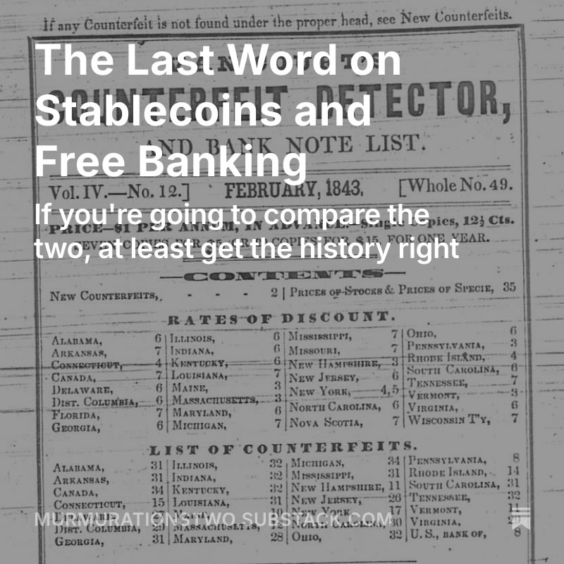 After 9 years on Medium, I am now officially on Substack. My new post examines the often-made comparisons between stablecoins and "wildcat" banks (link in next tweet)