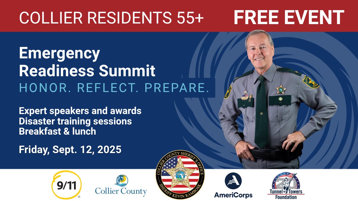 Are you 55 years or older and a Collier resident? Be prepared when disaster strikes! Take part in the FREE Emergency Readiness Summit on Sept. 12. Save your spot here: collierers.eventbrite.com