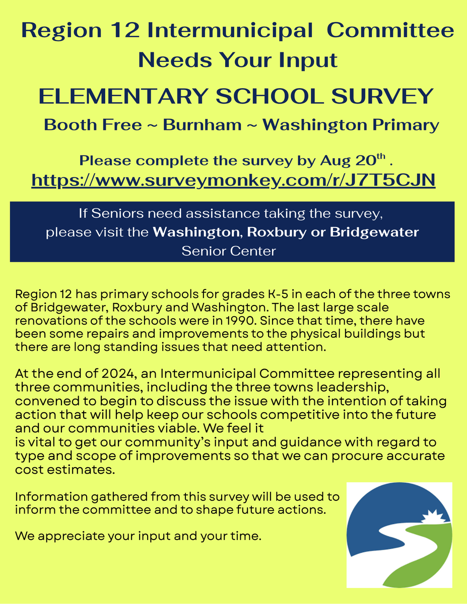 Region 12 Intermunicipal Committee Needs Your Input
Please complete the survey by Aug 20th. surveymonkey.com/r/J7T5CJN
Seniors needing survey assistance, please visit the Washington, Roxbury, or Bridgewater Senior Center. Information will inform the committee &amp; shape future actions.
