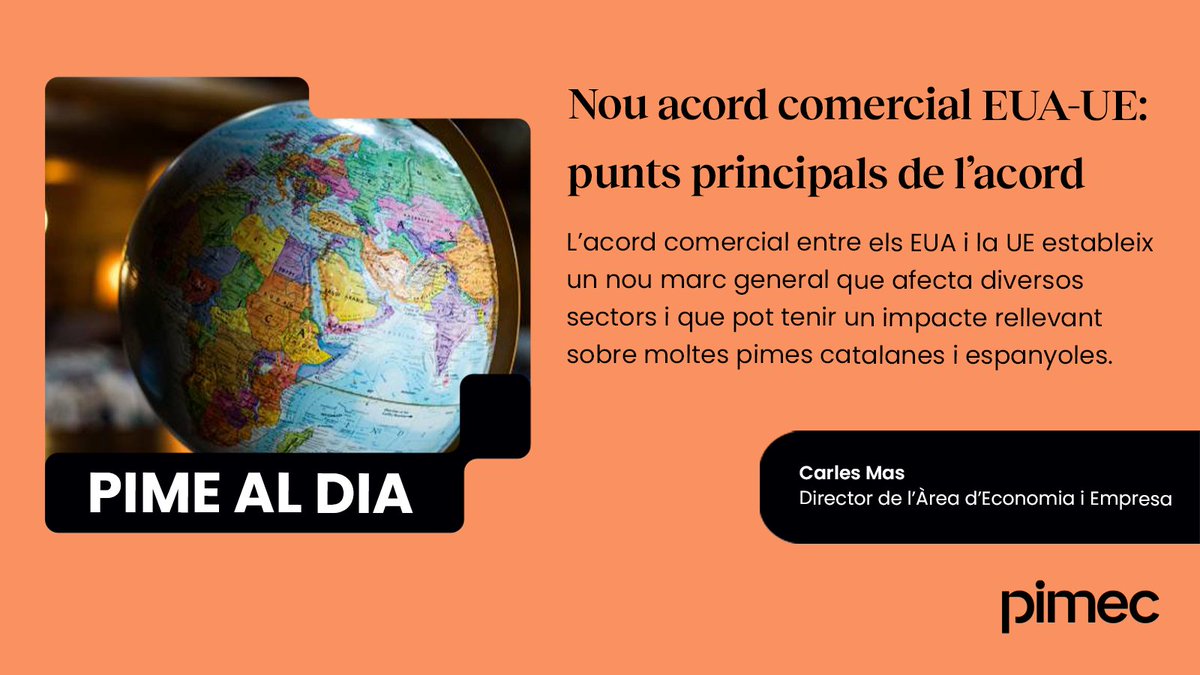 📄 Nou acord comercial EUA-UE: punts principals de l’acord.

"Estableix un aranzel general del 15%. Aquesta taxa substituirà aranzels superiors previs, i s’estableix com a taxa màxima, no acumulativa amb altres aranzels existents".

✍️Carles Mas.

tinyurl.com/536yfzth