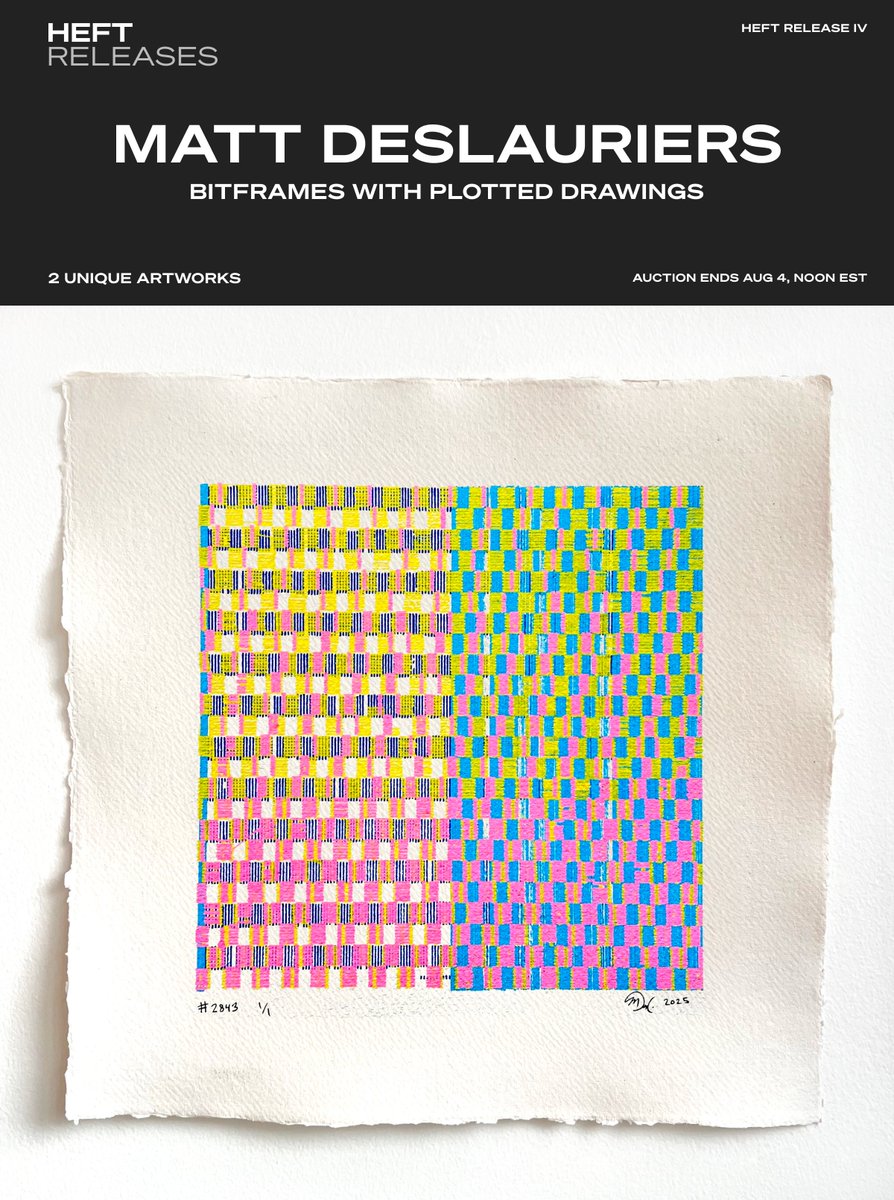 Heft (@heft_gallery) on Twitter photo HEFT RELEASE IV
Matt DesLauriers <a href="/mattdesl/">Matt DesLauriers</a>
Exclusive: first-ever signed plots of BITFRAMES!
Auctioning 2 of DesLauriers’s own mints and their unique drawings, plotted by the artist.
Bid starting TODAY at Noon EST, ending Monday Aug 4, Noon EST
Shown: #2843
Info ↓↓↓ HEFT RELEASE IV
Matt DesLauriers <a href="/mattdesl/">Matt DesLauriers</a>
Exclusive: first-ever signed plots of BITFRAMES!
Auctioning 2 of DesLauriers’s own mints and their unique drawings, plotted by the artist.
Bid starting TODAY at Noon EST, ending Monday Aug 4, Noon EST
Shown: #2843
Info ↓↓↓