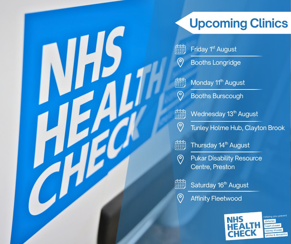 Here are some of our upcoming free NHS Health Check clinics in August. 

Did you know 79% of our patients say they are more likely to make healthier choices after their appointment? 

Find out more and book your FREE NHS Health Check here: nhshealthcheckslancashire.co.uk/book-now/