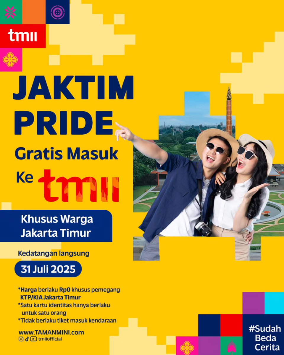 katalogpromosi's tweet image. Warga JAKTIM merapat! 🥳
Masuk TMII GRATIS cuma 31 Juli
Tunjukin KTP/KIA Jakarta Timur &amp;amp; langsung jelajah!
Cuma berlaku untuk walk-in ya~

Cek detail lengkapnya 👉 katalogpromosi.com/promo-tmii-jak…
#TMII #GRATIS #SudahBedaCerita
