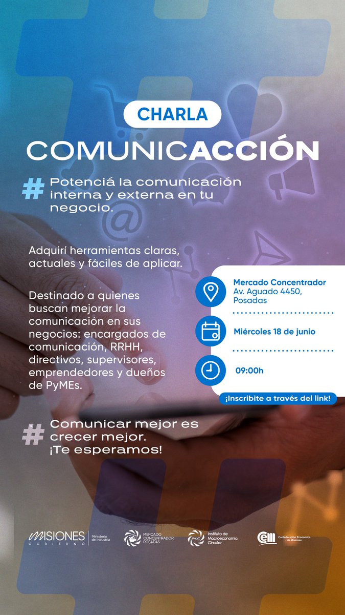 📢 ¡Sumate al encuentro de Comunicación para potenciar tu negocio!
Herramientas claras, prácticas y actuales para mejorar la comunicación interna y externa.

📅 Miércoles 18 de junio – 9:00 h
📍 Mercado Concentrador, Posadas

🔗 Inscribite acá:
👉 docs.google.com/forms/d/e/1FAI…