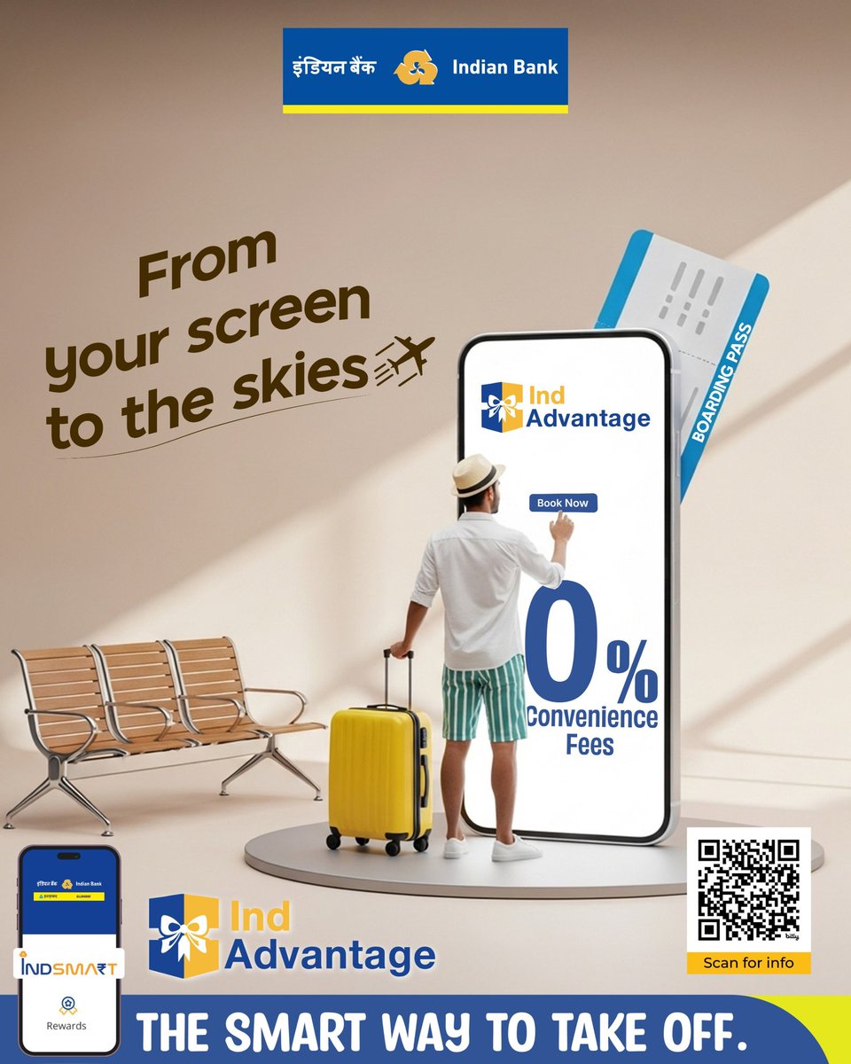 Why just book a flight when you can book with benefits?
With Ind Advantage, enjoy seamless flight ticket booking without any convenience fee and unlock exclusive savings — all from one powerful platform, IndSMART!
Travel smarter, the Indian Bank way.
Know more -