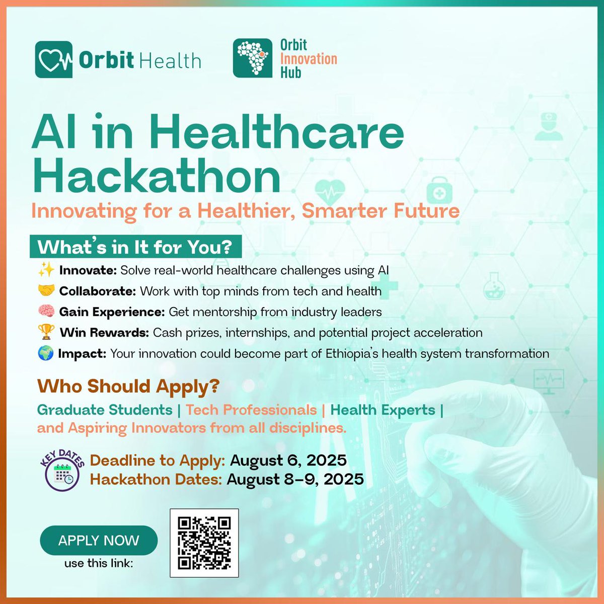 AI in Healthcare Hackathon 2025

Join Orbit Health &amp; Orbit Innovation Hub on August 8-9 to tackle real healthcare challenges with AI. Collaborate with experts, innovate smart solutions, and compete for prizes and mentorship.

Apply Now: forms.gle/XvNsA1bwVkXVVj…