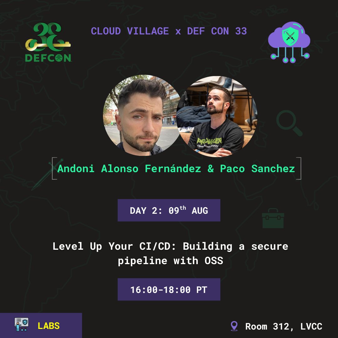 🚧 Join <a href="/andoniaf_/">Andoni A.</a>  &amp; Paco Sanchez at Cloud Village Defense Labs <a href="/defcon/">DEF CON</a> 33!
🎓 “Level Up Your CI/CD: Building a Secure Pipeline with OSS”
📍 Room 312, LVCC
🗓️ Aug 9 | 🕓 4:00–6:00 PM PT
🔗 cloud-village.org/dc33
🔗 Register → forms.gle/pukvJvj5xoprwL…
#DevSecOps #DEFCON33
