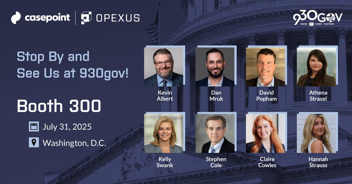 OpexusTech's tweet photo. 🚀 The countdown to #930gov is almost over!

Casepoint + OPEXUS will be at Booth 300 tomorrow and ready to help agencies move faster and smarter.

🔗 https://t.co/zxFDiVUJ4F
#GovTech #GovernmentIT #DigitalGovernment https://t.co/jxE1f3zcwY