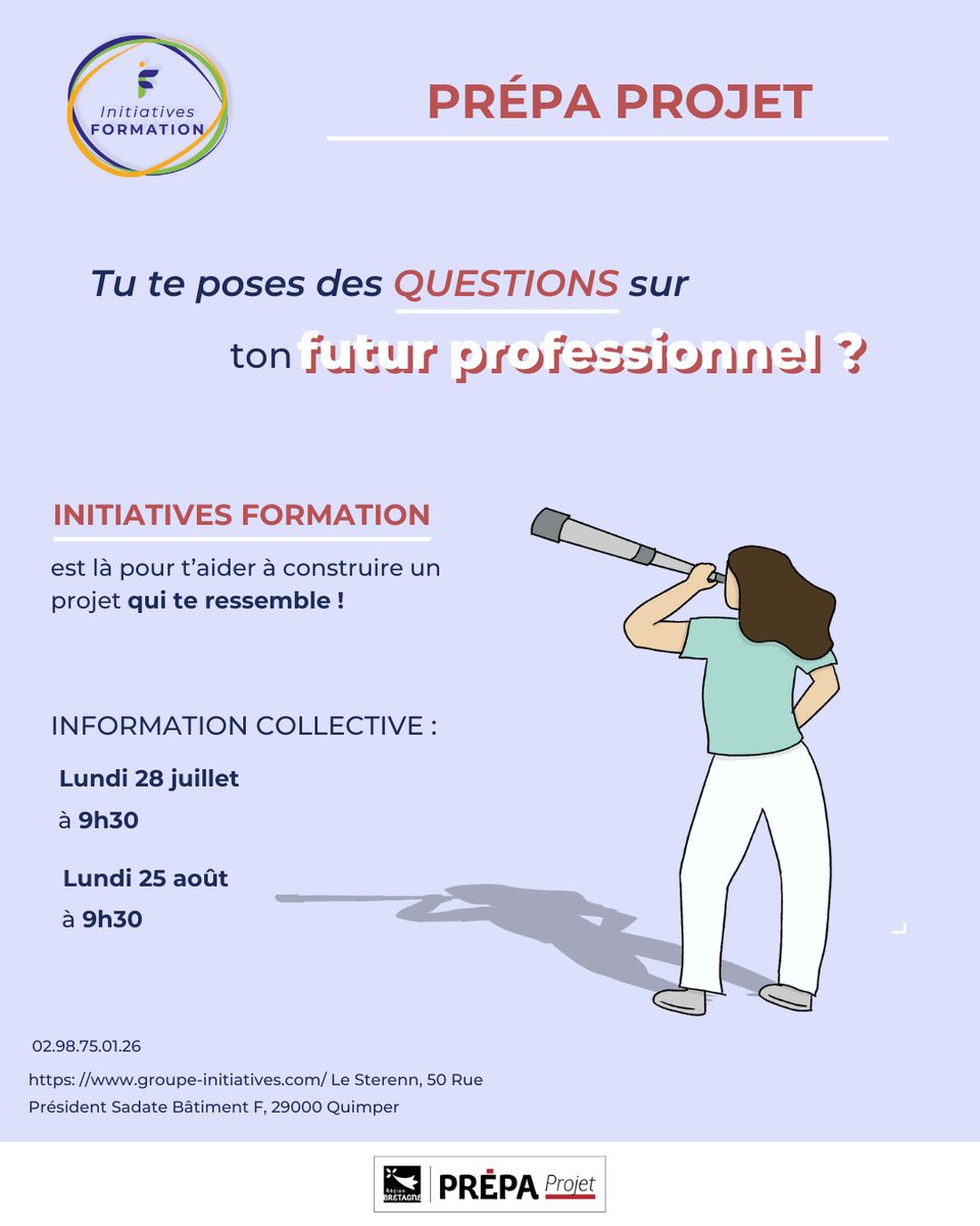 IF_BZH's tweet photo. Vous vous posez des questions sur les métiers qui recrutent ou l’offre de formation en Région Bretagne. Nous vous invitons à découvrir la Prépa Projet le lundi 25 août à 9h30 dans nos locaux à Quimper.

#recrutement #formation #Avenir #projet #Quimper #Finistère #orientation https://t.co/kgdJqZE0Wt