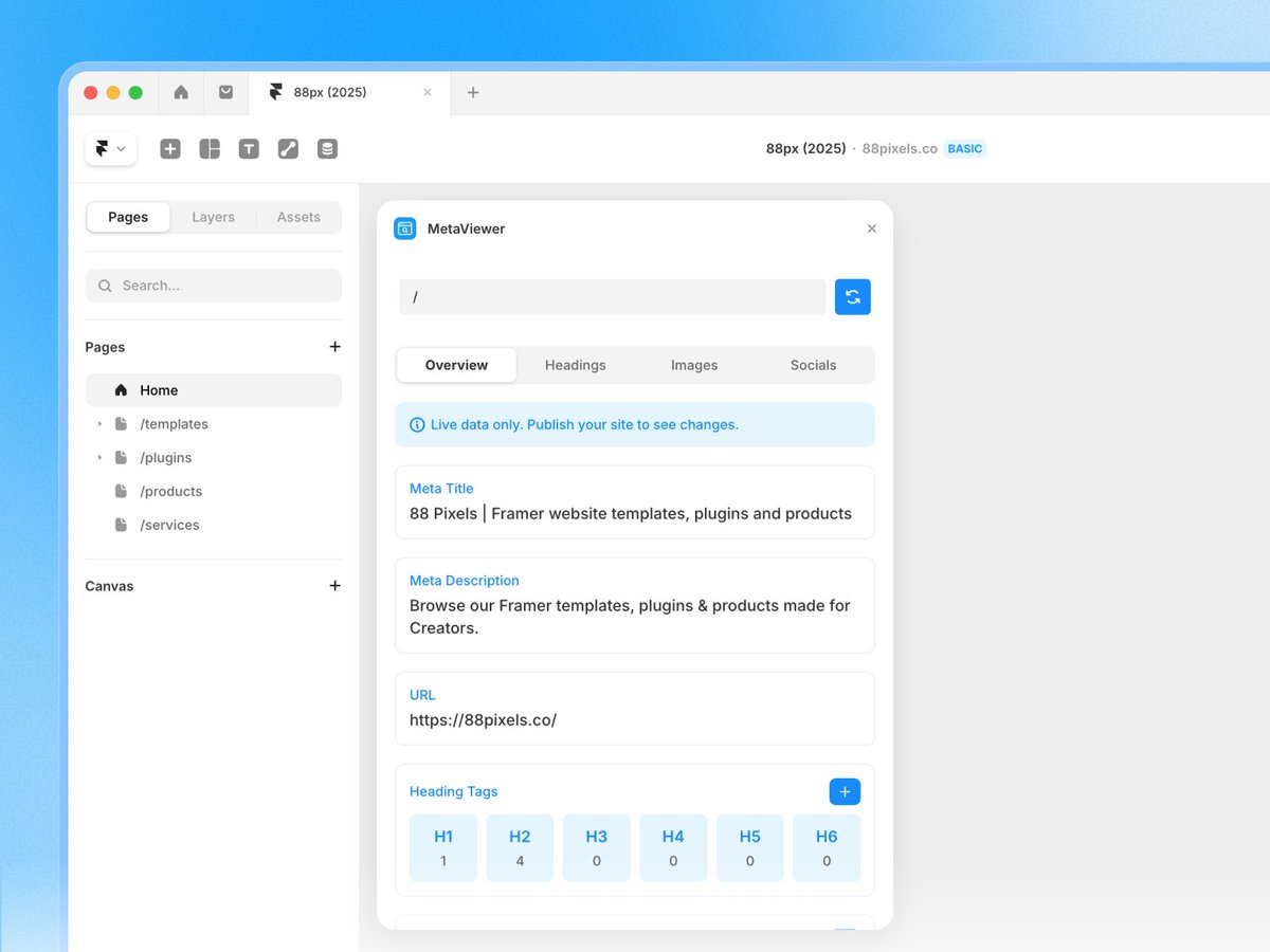 julesvcode's tweet image. 🔍 Introducing MetaViewer
A @framer plugin to preview your metadata and boost your SEO ✨
- Analyse your heading structures
- Find images missing Alt text
- Preview how your pages look when shared online
Check it out below 👇