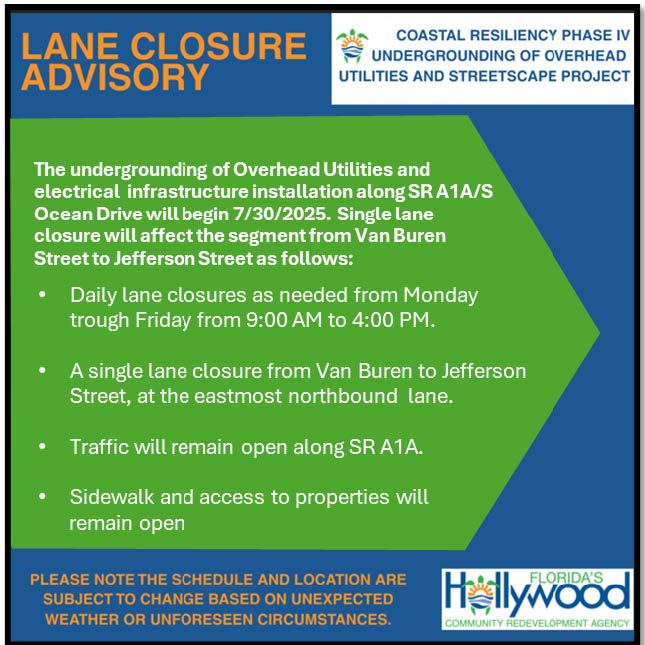 Utility undergrounding is underway on A1A from Hollywood Blvd to Hallandale Beach Blvd. 🚧 

Expect single-lane closures. Current closures: Van Buren to Jefferson St. Project will take about 12 months.⚠️