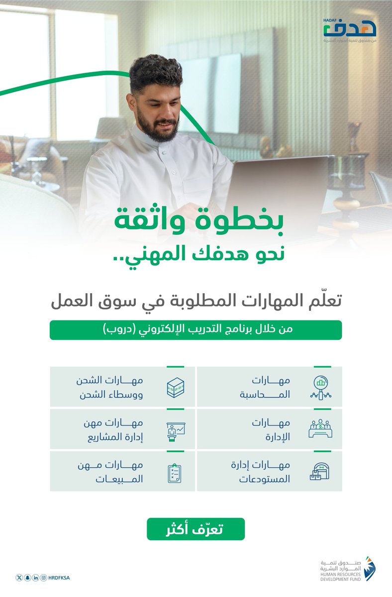 اكتشف مسارات التوطين في برنامج #التدريب_الإلكتروني #دروب.. وتشمل مجموعة من الدورات التدريبية المتخصصة، تعرّف أكثر:

doroob.sa/ar/individuals…

#صندوق_يرسم_مستقبلك_بهدف_تدريبك