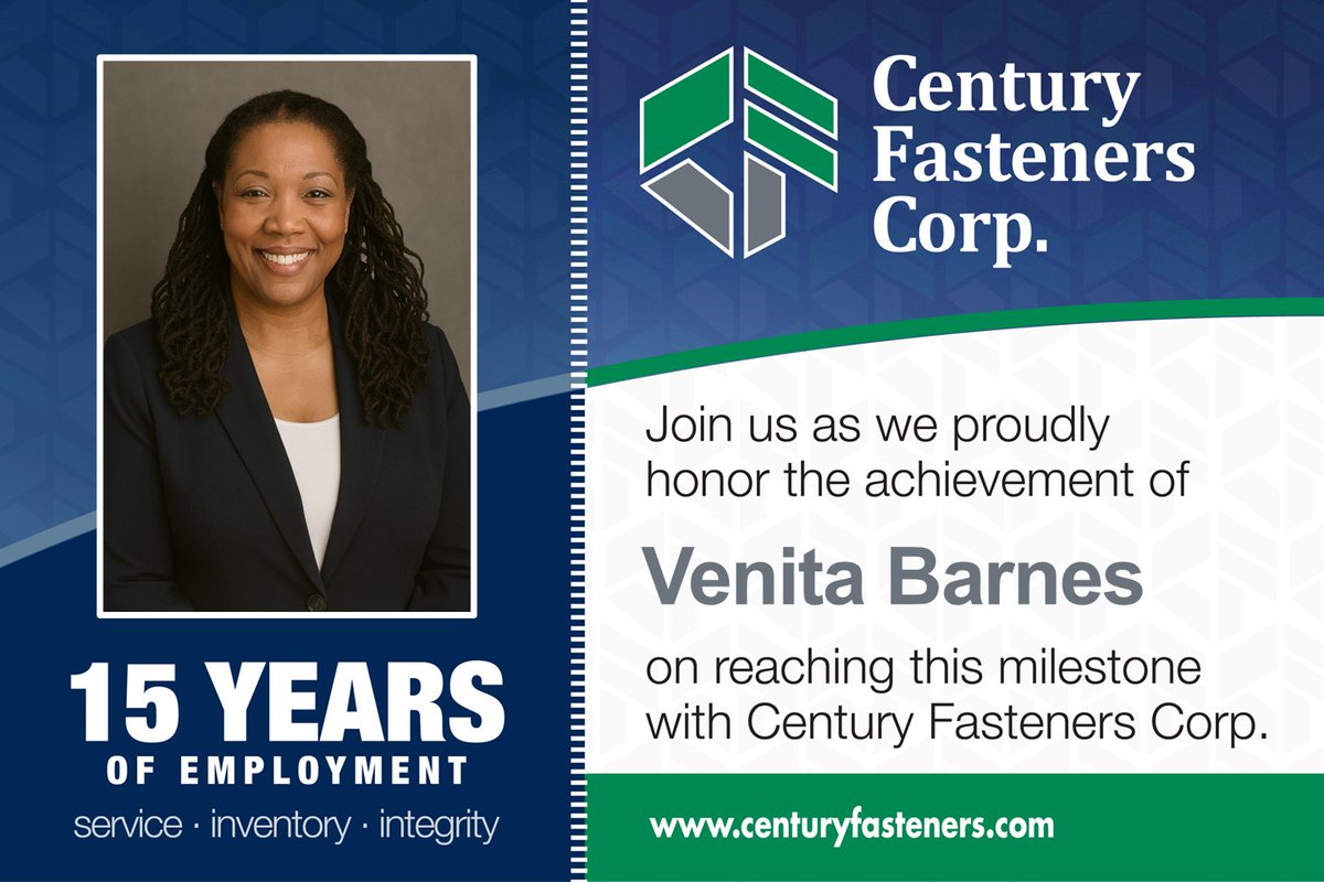 Join us as we proudly honor the achievement of Venita Barnes on reaching this milestone with Century Fasteners Corp.

centuryfasteners.com/company-info/e…

#CenturyFasteners