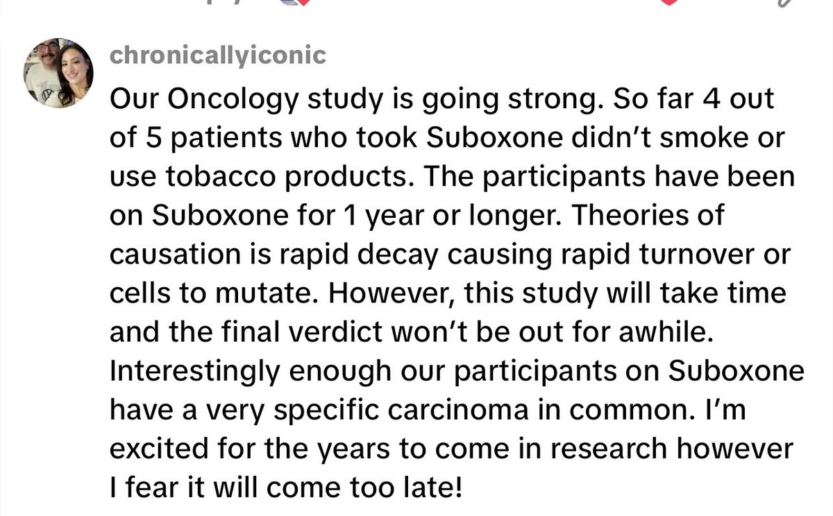 Suboxone Cancer study

“Our oncology study is going strong. So far four out of five patients who took Suboxone didn’t smoke or use tobacco products.”

I have no doubt oral buprenorphine is linked to throat/oral cancer