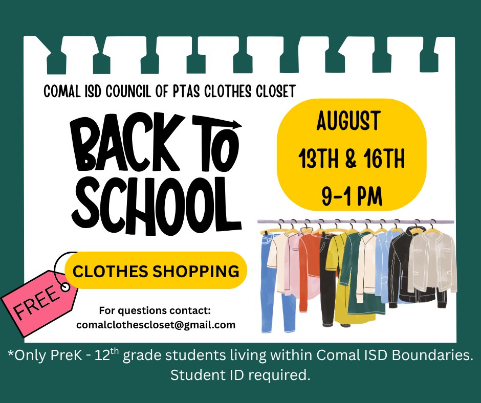 Mountain Valley Middle School (@mvms_thehawkway) on Twitter photo Back to School π«πβοΈ Comal ISD - PTSA Clothes Closet is open August 13th and August 16th. See info below! #HawkNation <a href="/mvms_athletics/">MVMS Boys Athletics</a> <a href="/girls_mvms/">MVMS Girls Athletics</a> <a href="/MtValleyMcKenna/">Sarah McKenna</a> <a href="/MtValleyZach/">Keely Zach</a> <a href="/cisdnews/">Comal ISD</a> Back to School π«πβοΈ Comal ISD - PTSA Clothes Closet is open August 13th and August 16th. See info below! #HawkNation <a href="/mvms_athletics/">MVMS Boys Athletics</a> <a href="/girls_mvms/">MVMS Girls Athletics</a> <a href="/MtValleyMcKenna/">Sarah McKenna</a> <a href="/MtValleyZach/">Keely Zach</a> <a href="/cisdnews/">Comal ISD</a>