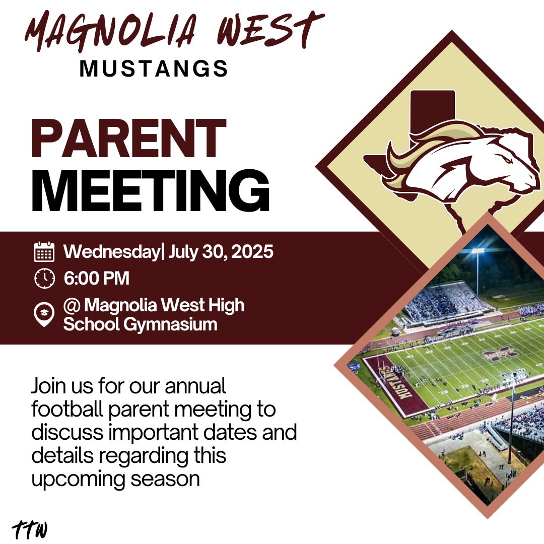 🚨TONIGHT🚨
Parent Meeting is this evening at 6 pm!!!
<a href="/MagISDAthletics/">Magnolia ISD Athletics</a> <a href="/Jmorley36/">Jason Morley</a>