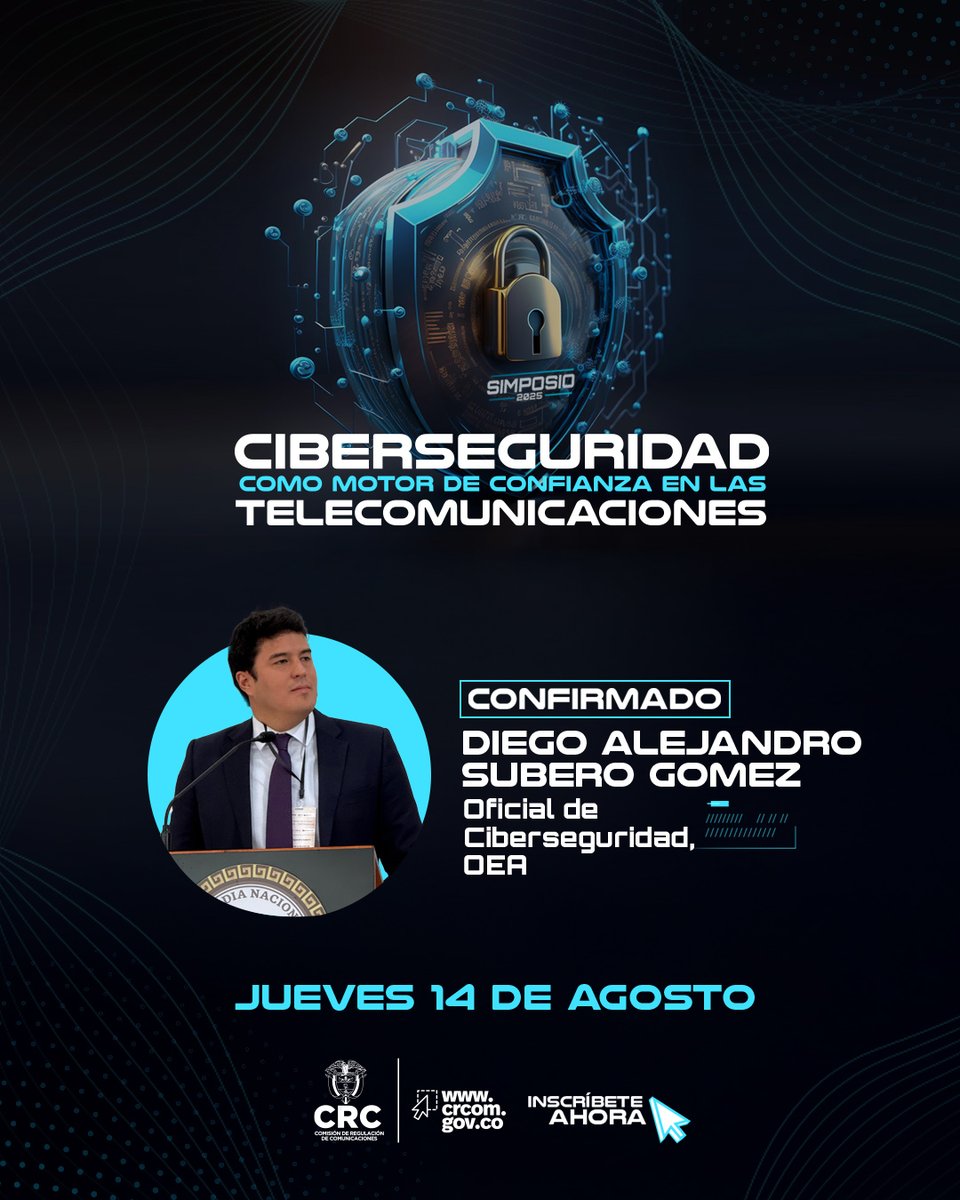 🔐 Diego Subero (OEA) y Rodrigo Ricaurte (Nokia) compartirán su experiencia en el Simposio “Ciberseguridad como motor de confianza en las telecomunicaciones”. 
🗓️ 14 de agosto 
Descubre la agenda completa 👉 
 crcom.gov.co/es/micrositios…
#Ciberseguridad2025 #ConfianzaDigital