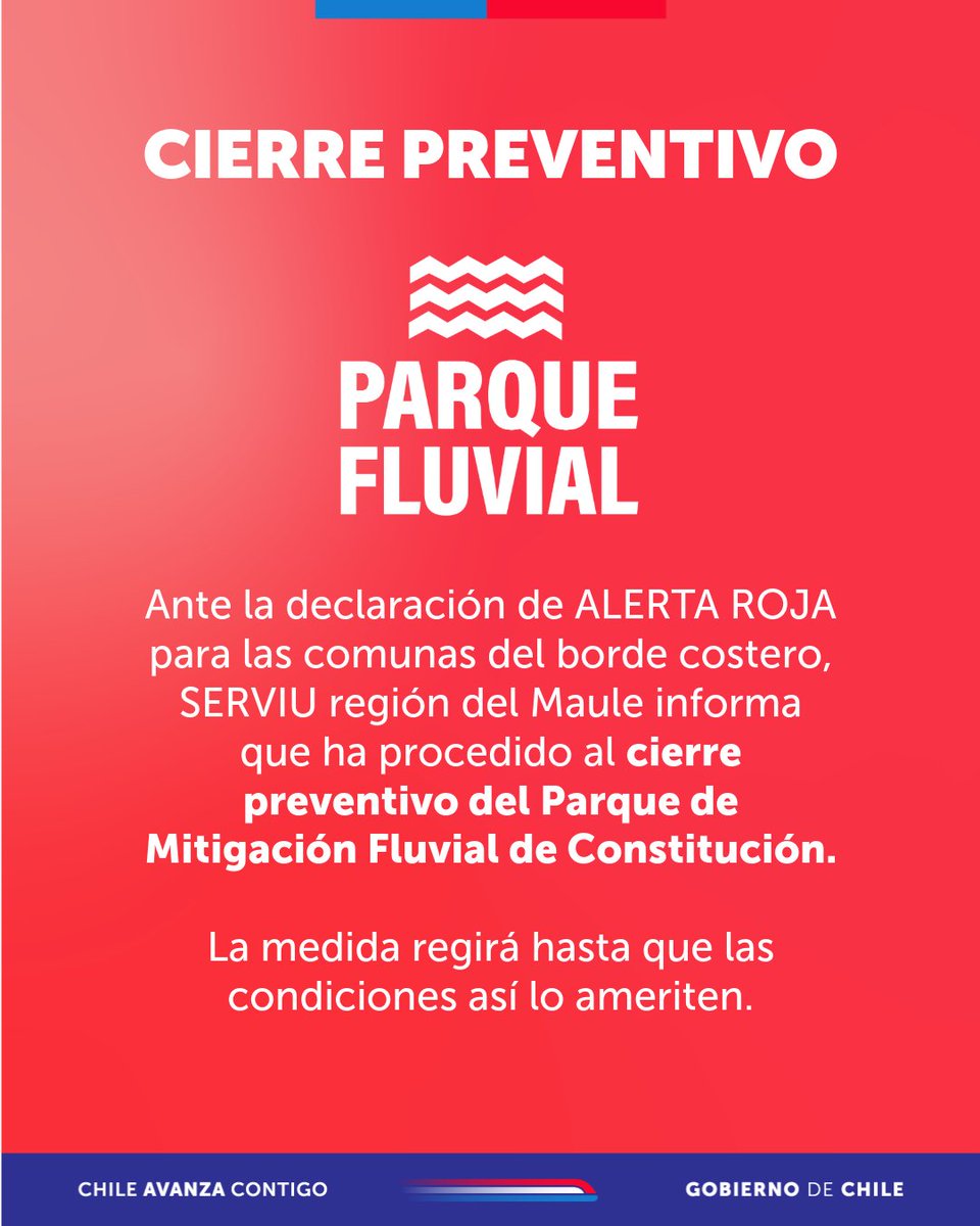 🚨 Producto de la Alerta de #Tsunami vigente,  Paula Oliva Aravena, directora de SERVIU región del Maule, informó la decisión de cerrar de forma preventiva el acceso público al Parque de Mitigación Fluvial de Constitución, ubicado en la desembocadura del río Maule.
