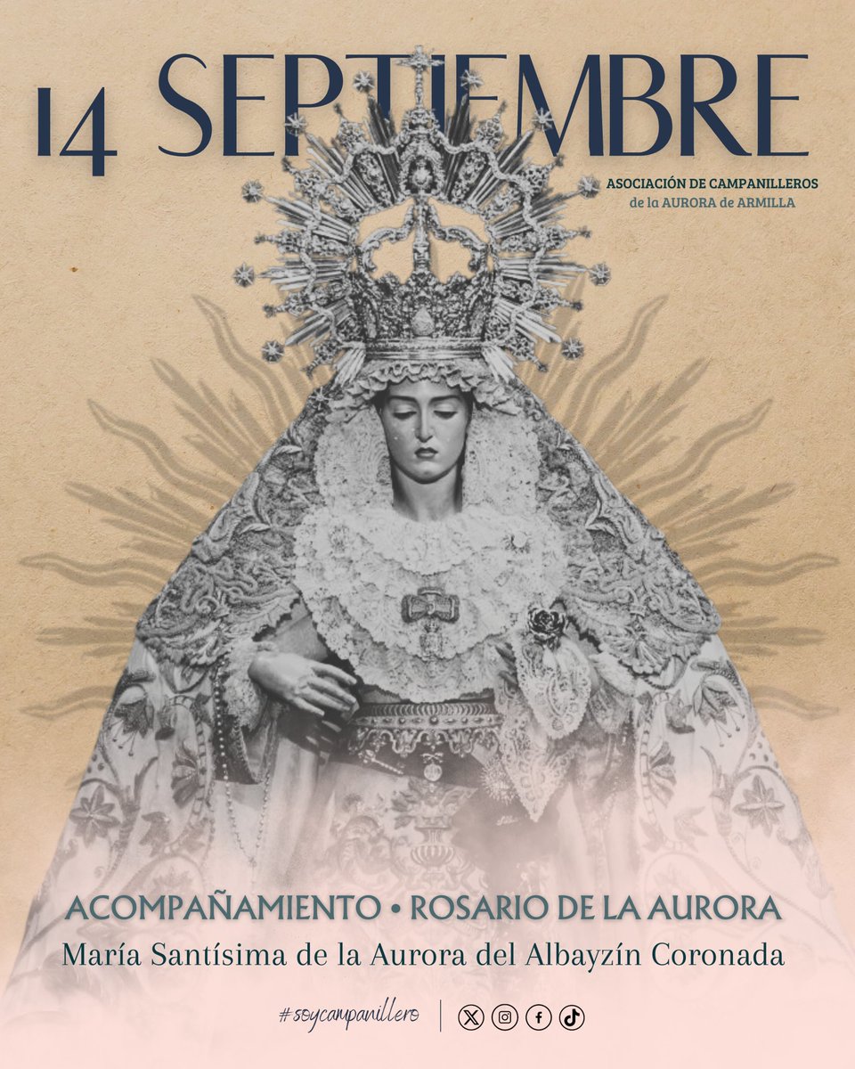 🔴𝐍𝐎𝐓𝐈𝐂𝐈𝐀 | El próximo 𝟏𝟒 𝐝𝐞 𝐬𝐞𝐩𝐭𝐢𝐞𝐦𝐛𝐫𝐞 acompañaremos a María Santísima de la Aurora del Albayzín Coronada en su Rosario de la Aurora.
